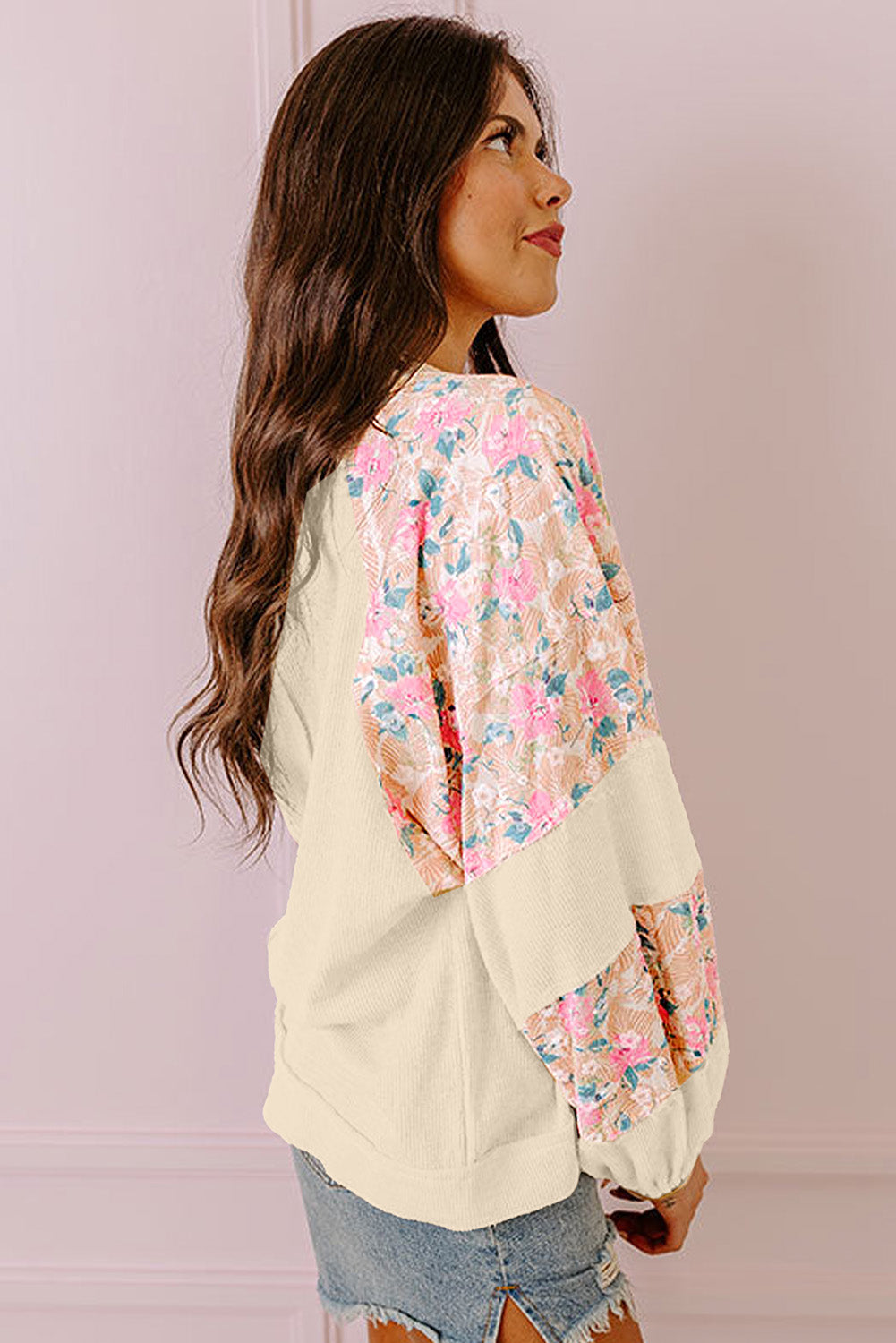 Textured Floral Patchwork Balloon Sleeve Blouse | Apricot