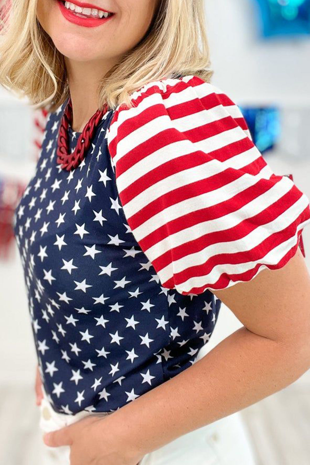 4th of July Stars Stripes Puff Sleeve T Shirt | Navy Blue