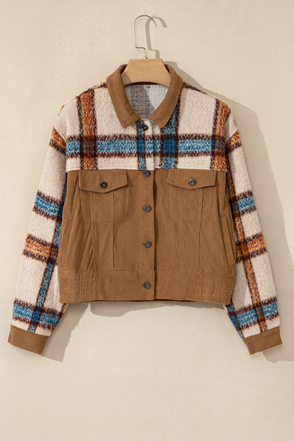 Plaid Corduroy Flap Pockets Boxy Chunky Jacket | Khaki