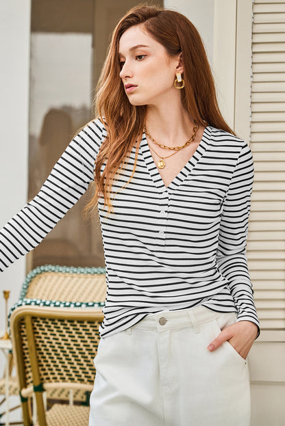 Slim Fit Buttoned V Neck Long Sleeve T Shirt | White Stripe