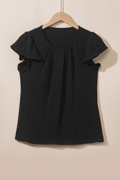 Solid Colour Textured Pleated Flutter Sleeve Blouse | Black