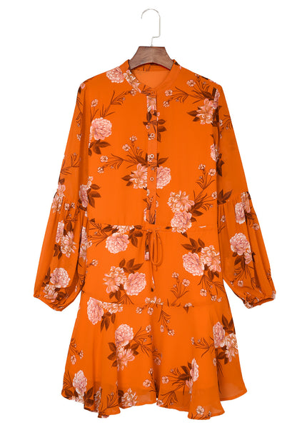 Vintage Floral Print Drawstring Flowy Dress | Orange