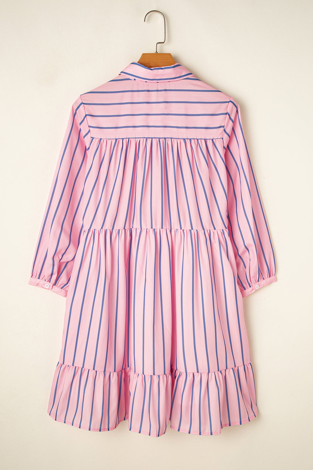 Ruffled Hem Button-Up Collared Shirt Mini Dress | Pink Stripe