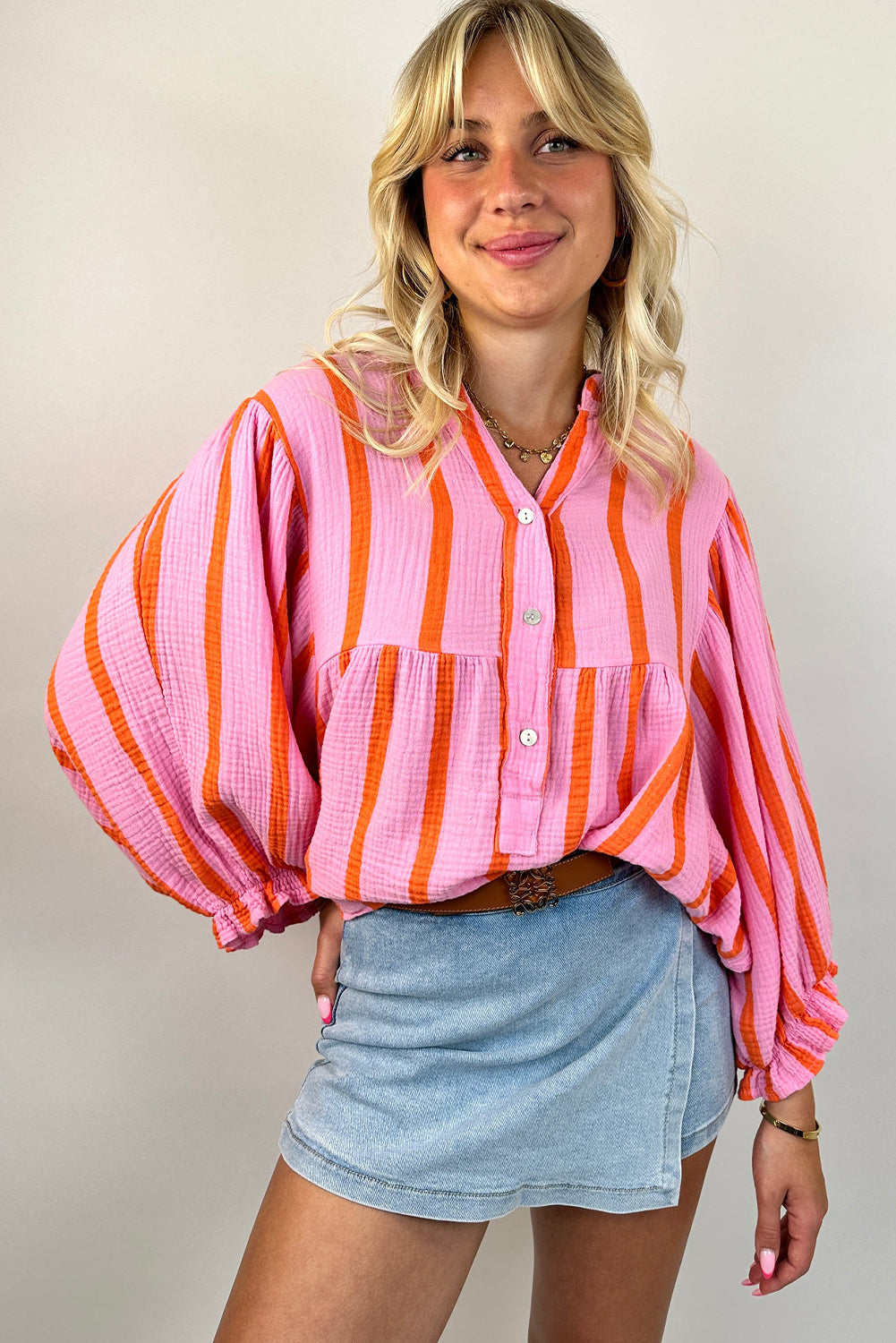 Crinckled Ruffled Sleeve Button Up Loose Shirt | Orange Stripe