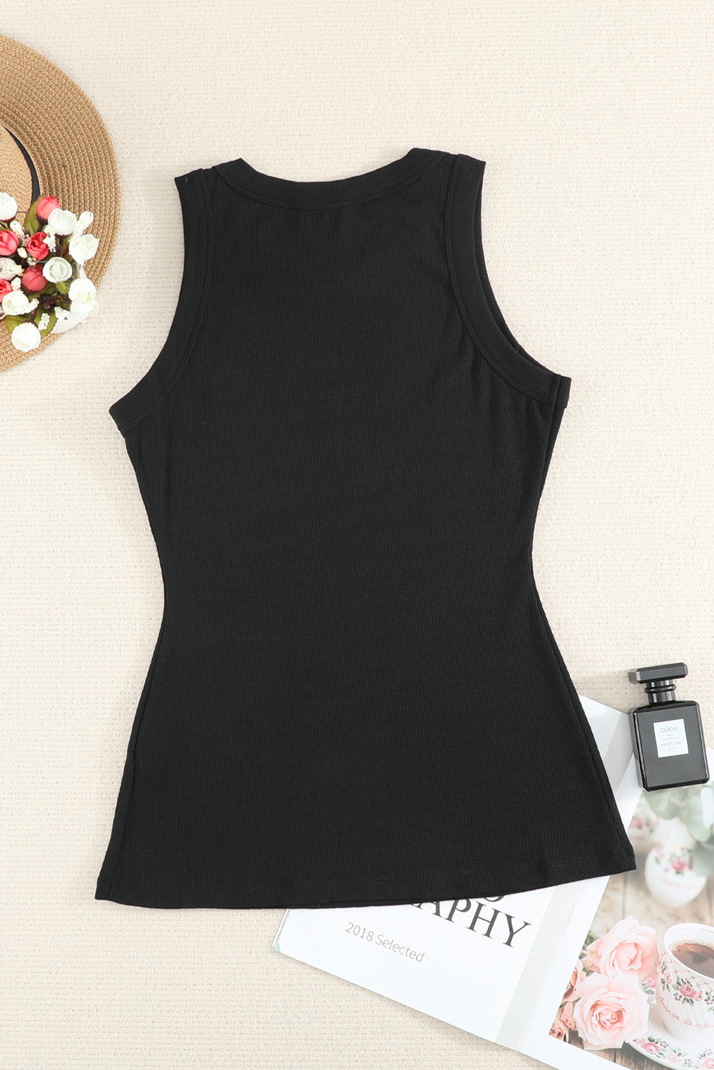 Solid  Round Neck Ribbed Tank Top | Black