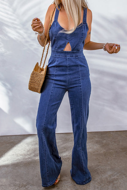 Cut Out Zipped Sleeveless Denim Jumpsuit | Blue