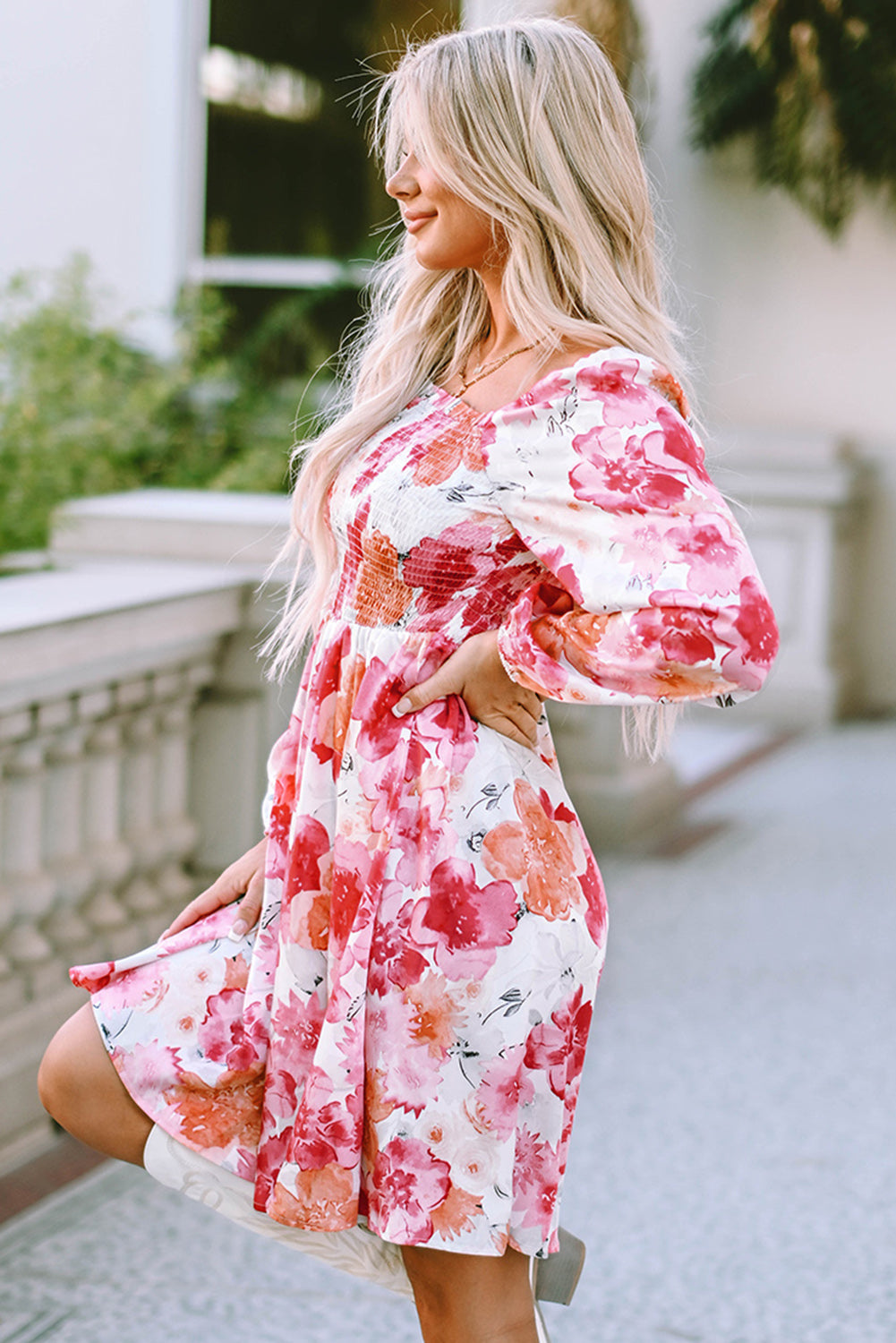 Floral Print Smocked Puff Sleeve Mini Dress | White