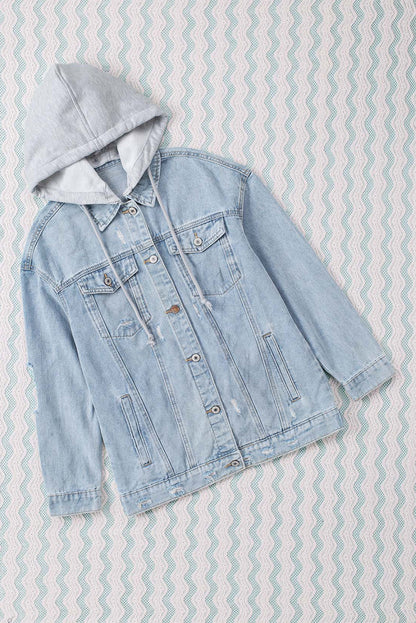 Button Closure Ripped Hooded Denim Jacket | Sky Blue