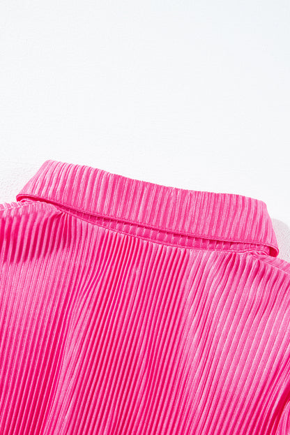 Satin Pleated Short Sleeve Shirt | Bright Pink