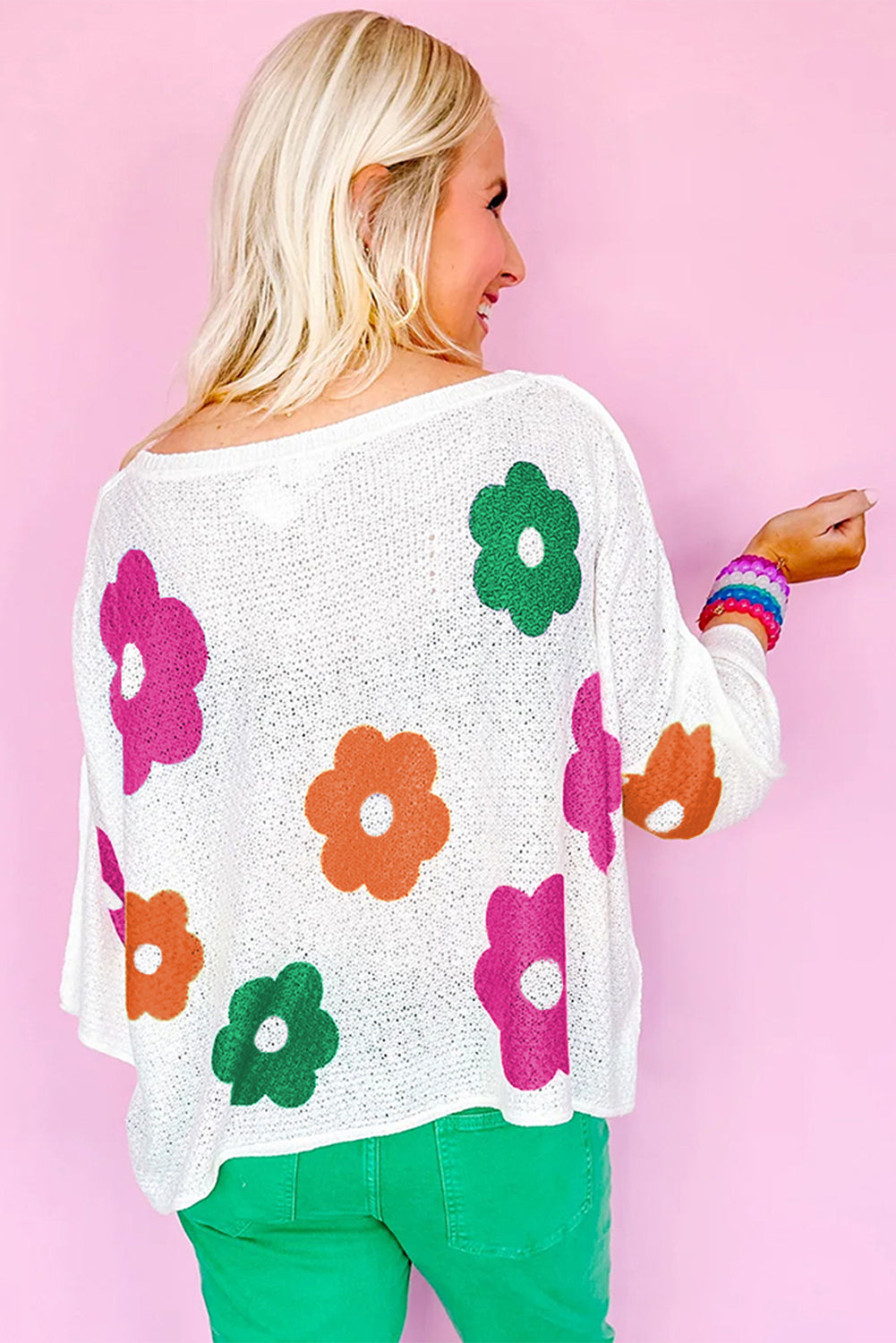 Floral Print Buttoned Loose Lightweight Sweater | White