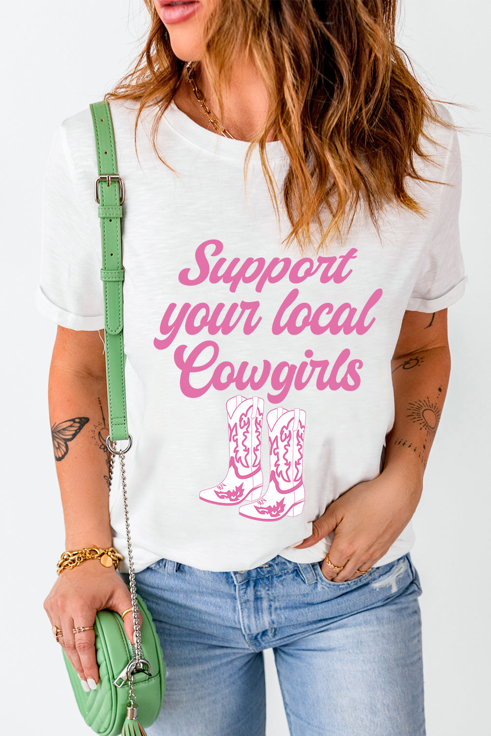 Support Your Local Cowgirls Boots Print Crewneck Tee | White