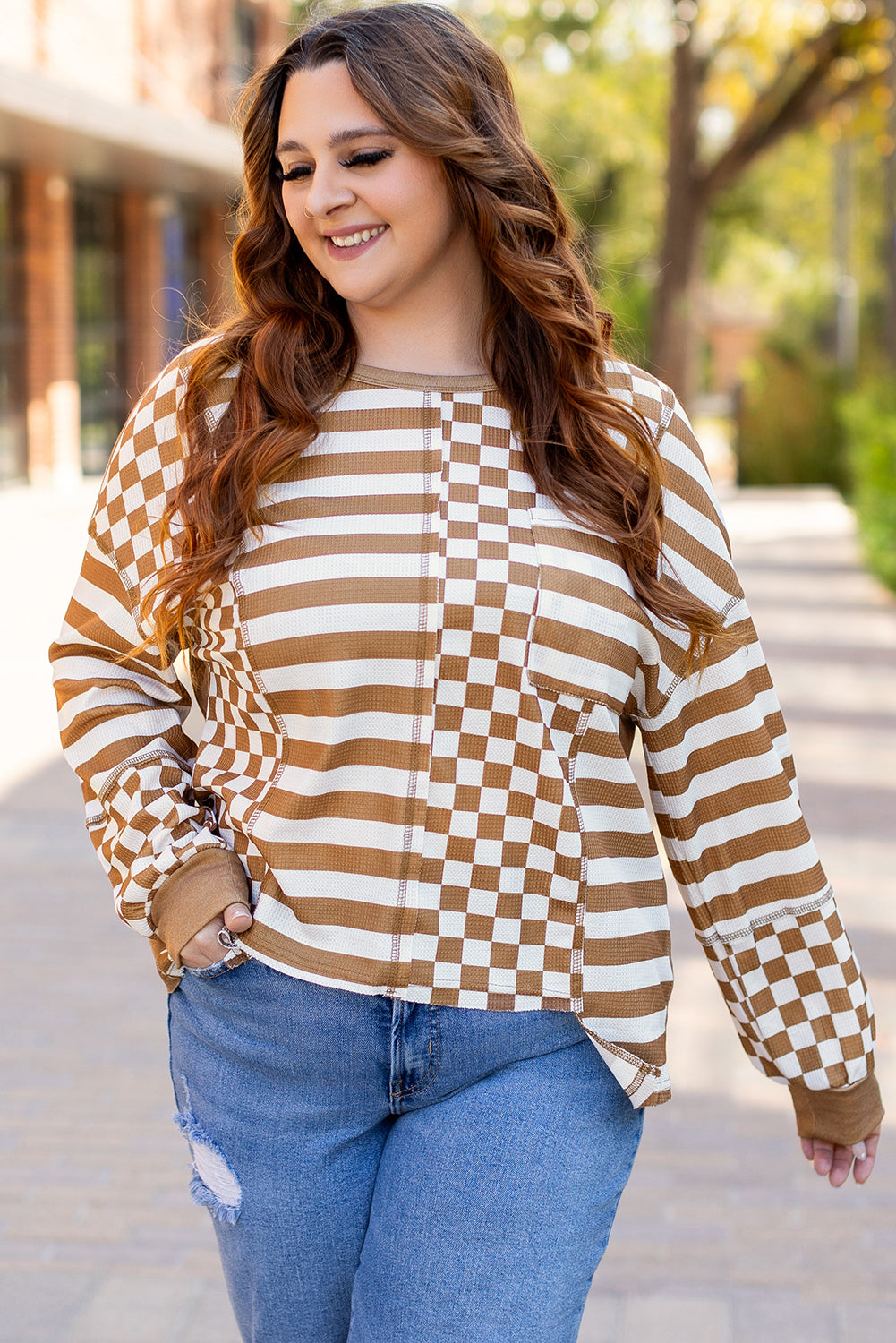 Striped Checkered Mixed Print Chest Pocket Casual Plus Size Top | Khaki