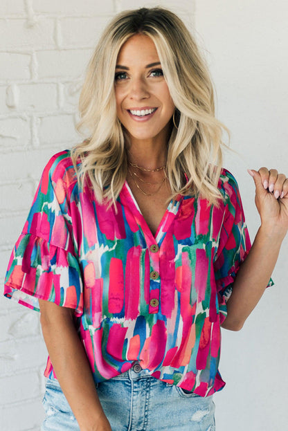 Abstract Brushwork Print Buttoned V Neck Blouse | Rose