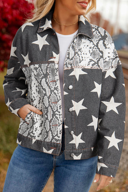 Star Snakeskin Printed Patchwork Denim Jacket | Black