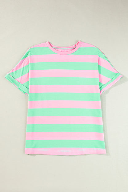 Colourblock Cuffed Sleeve Loose Tee | Pink Stripe