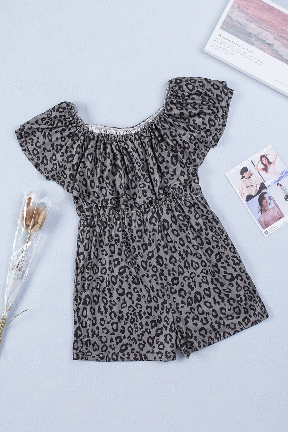 Leopard Off-Shoulder Romper With Pockets | Gray