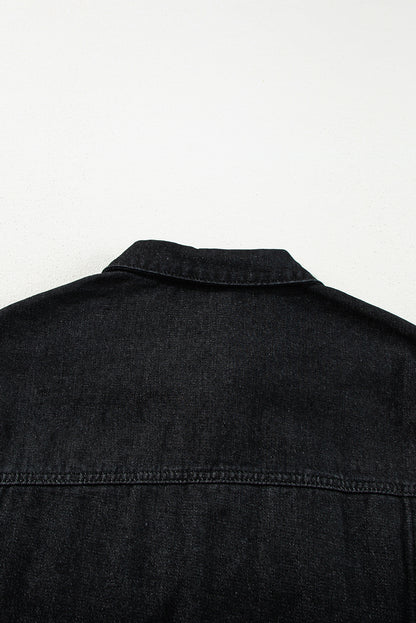 Raw Edge Ruffled Short Sleeve Denim Jacket | Black