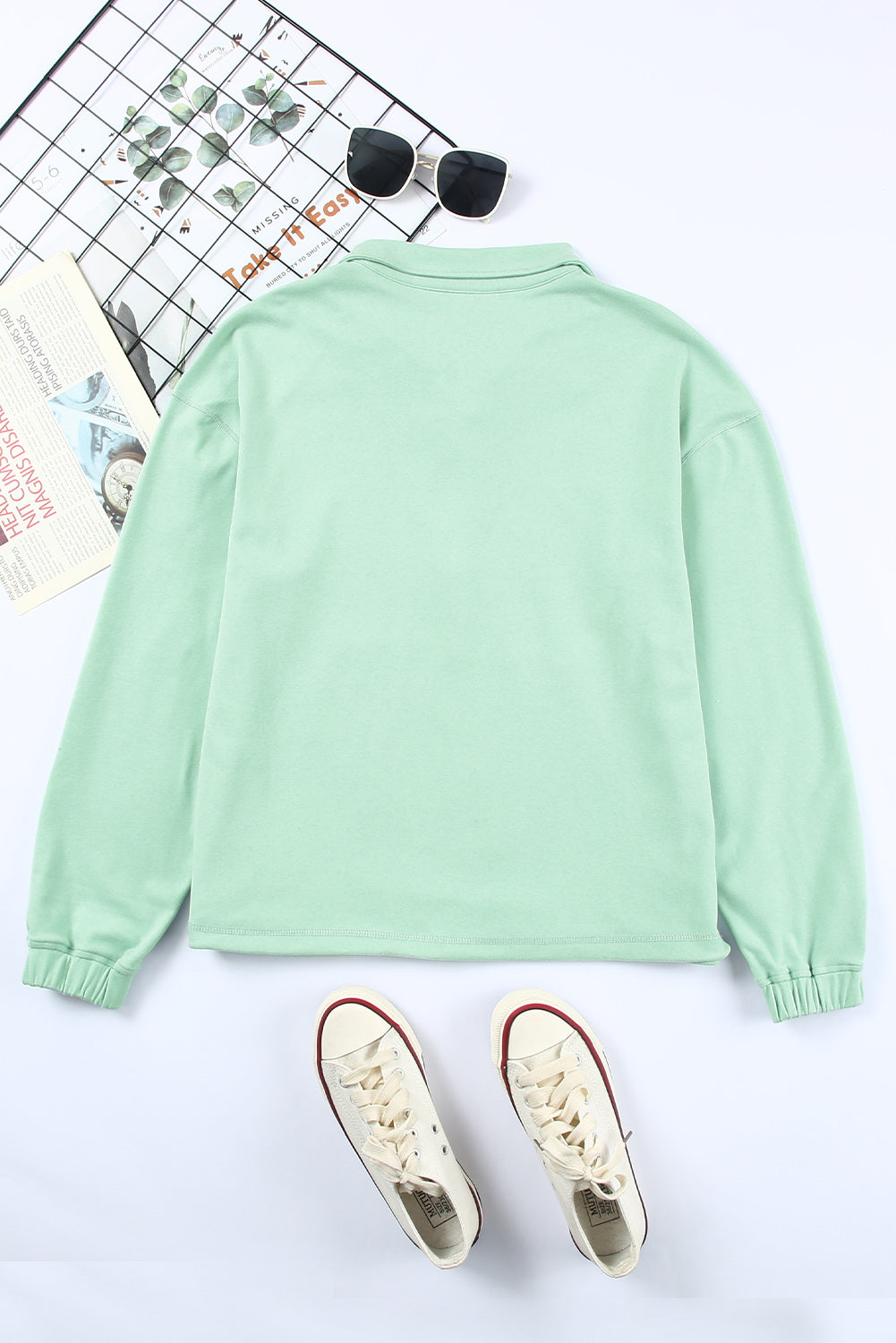 Zip Front Pocketed Pullover Sweatshirt | Green