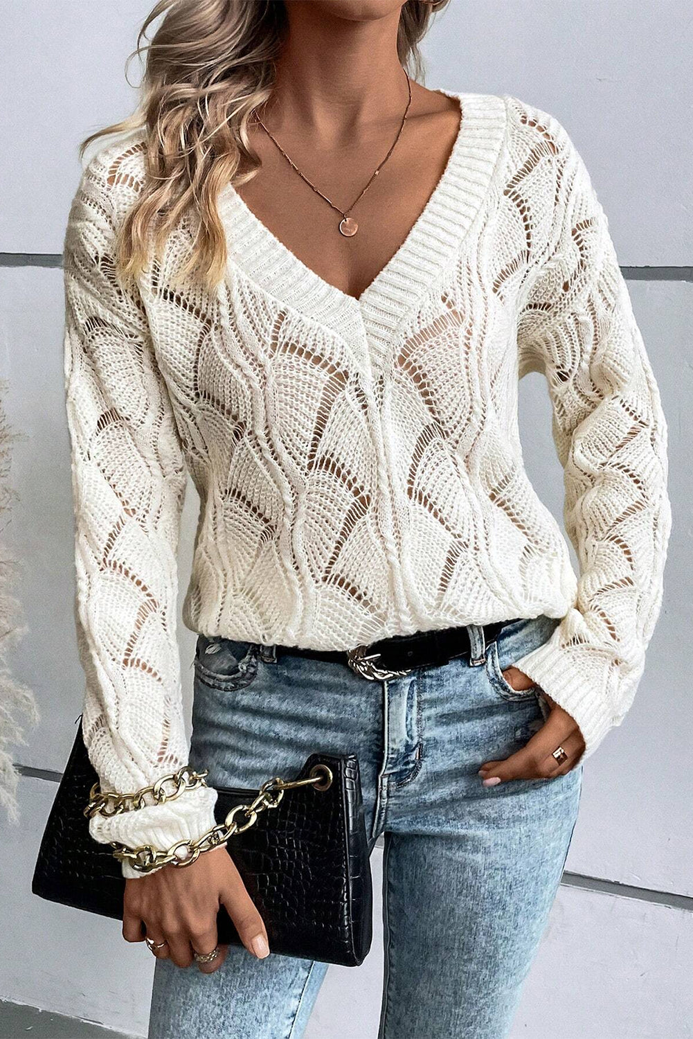 Hollow Out Knit V Neck Drop Shoulder Sweater | Beige