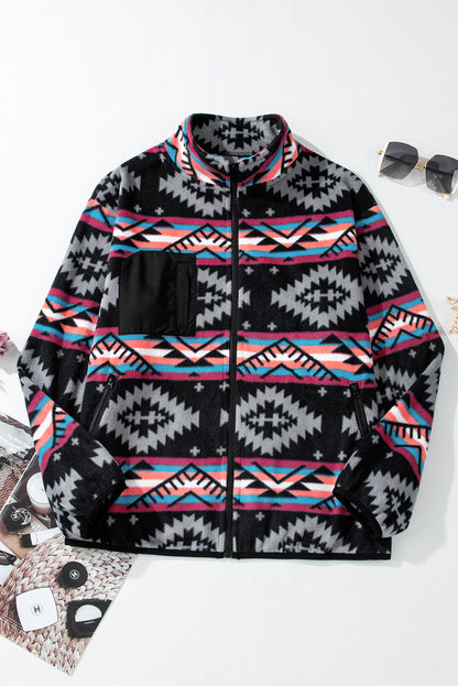 Aztec Printed Zip Up Collar Jacket | Black