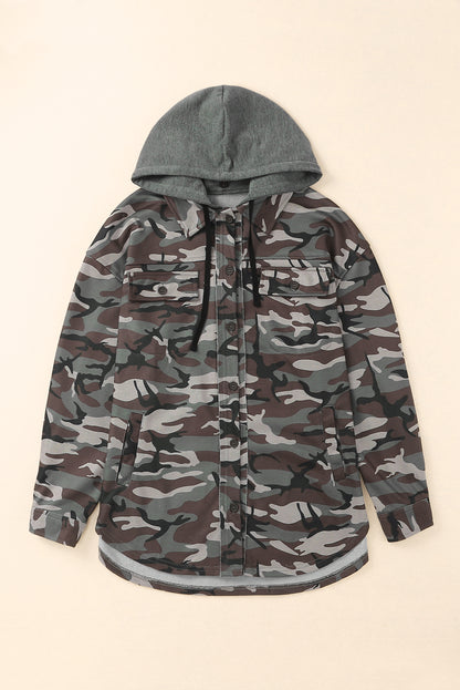 Camo Print Button Up Hooded Jacket | Green