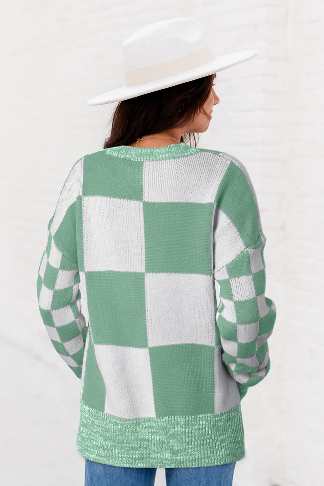 Checkered Print Drop Shoulder Sweater | Mint Green