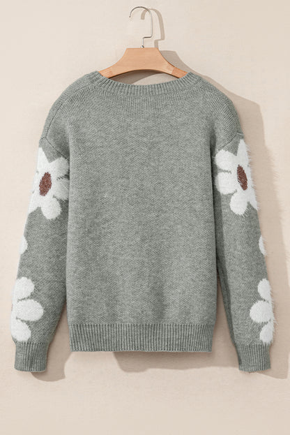 Flower Sleeve Drop Shoulder Sweater | Light Grey