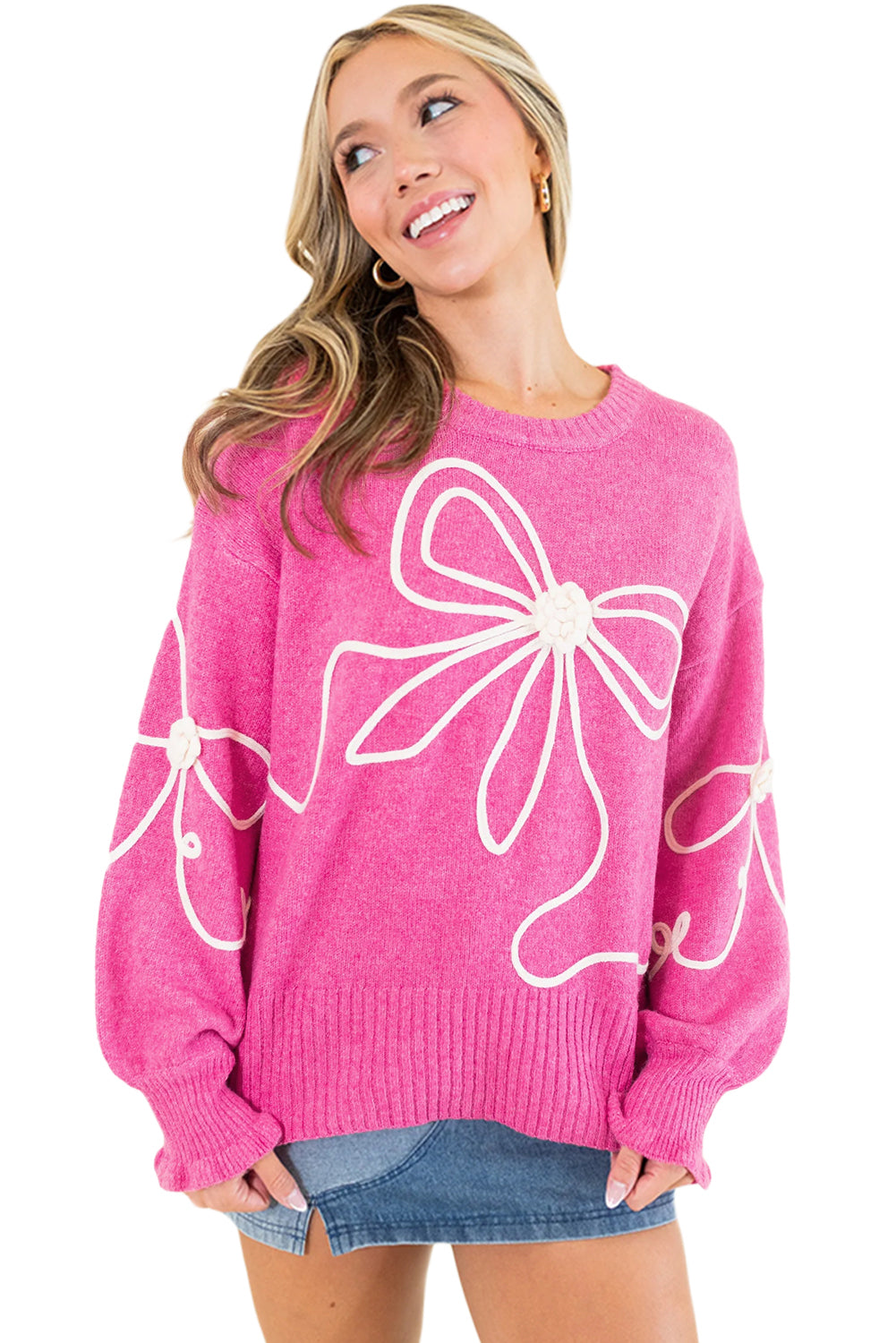 Corded Flower Bow Ribbed Trim Casual Sweater | Bright Pink