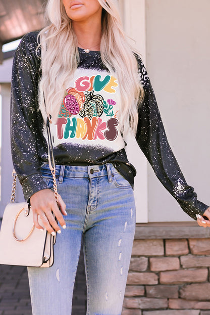 Bleached Give Thanks Leopard Pumpkin Printed Long Sleeve Top | Black