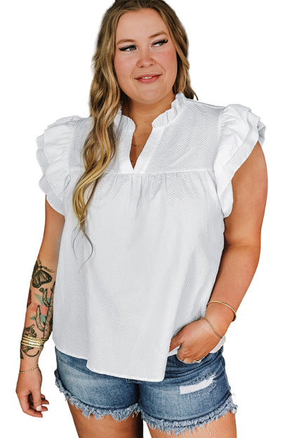 Textured Ruffled Flutter Sleeve Plus Size Blouse | White