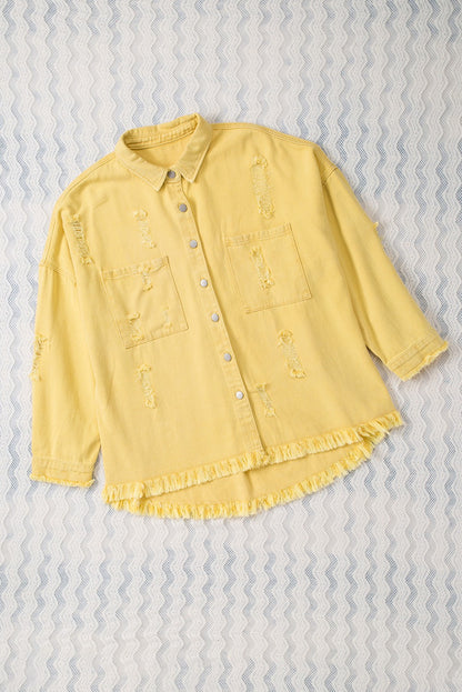 Distressed Fringe Trim Denim Jacket | Yellow