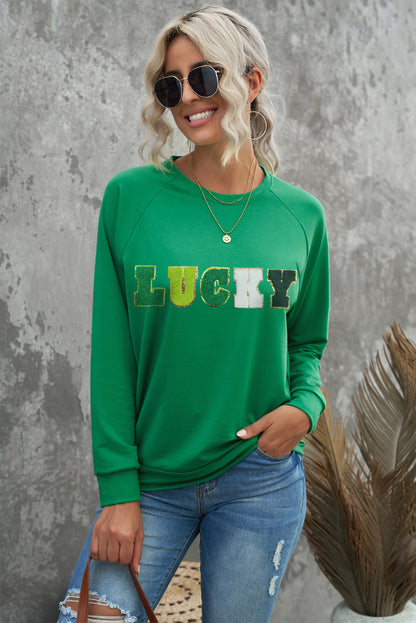 St Patricks Lucky Chenille Embroidered Graphic Sweatshirt | Green