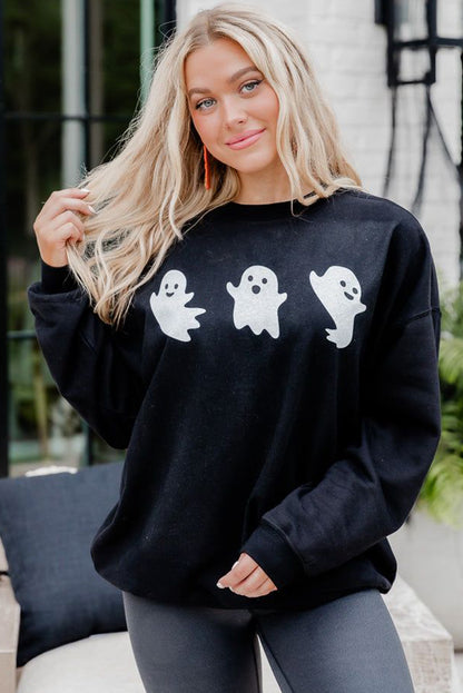 Halloween Ghosts Print Round Neck Sweatshirt | Black