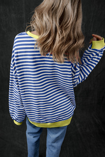 Oversized Contrast Trim Pullover Sweatshirt | Blue Stripe