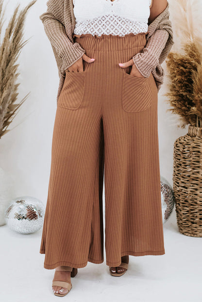 Ribbed Patch Pocket Frill Waist Wide Leg Plus Pants | Brown