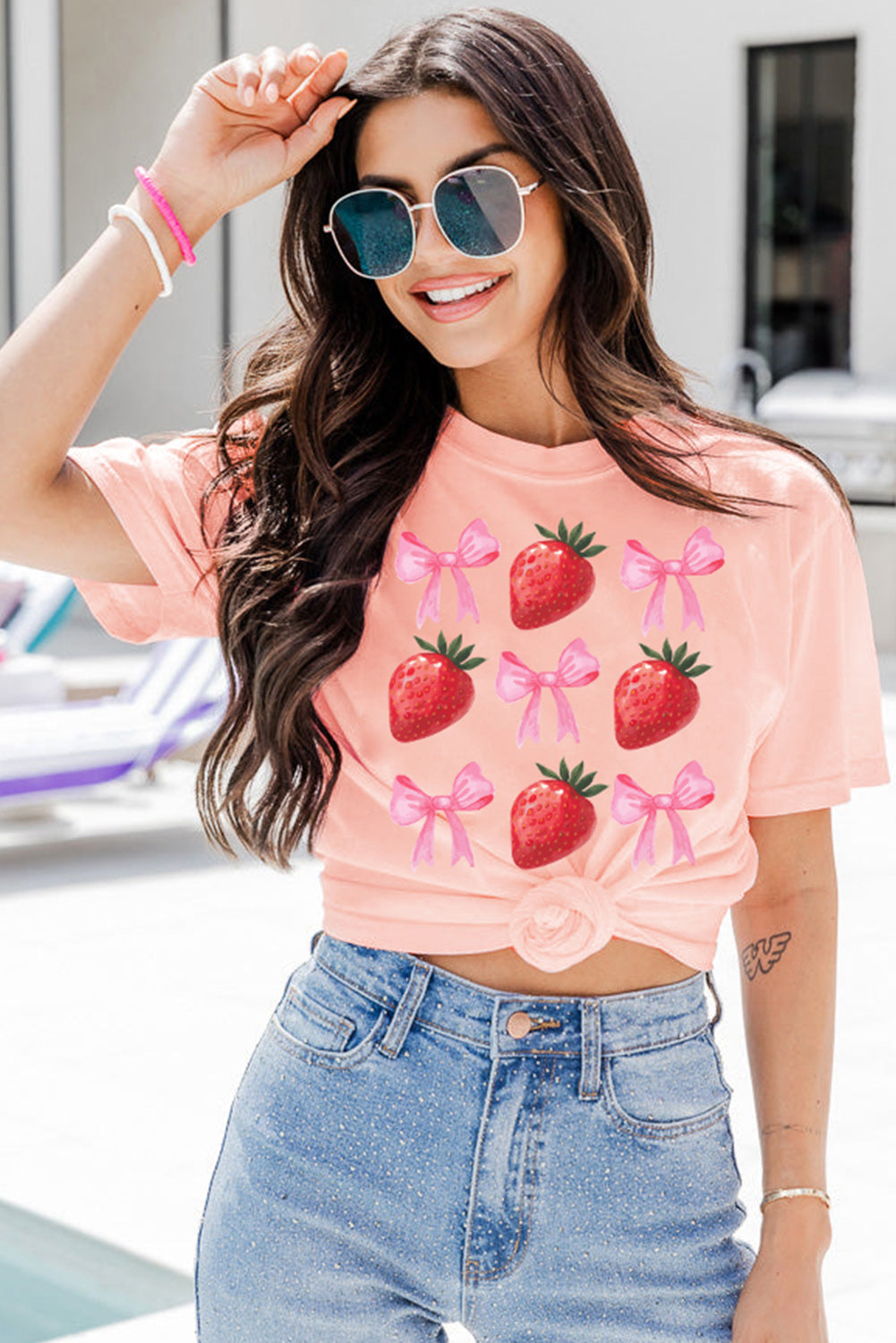 Strawberry & Bowknot Graphic T Shirt | Pink