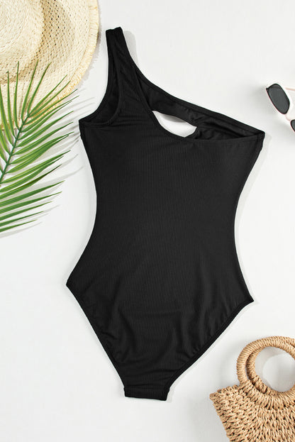 Ribbed One Shoulder Hollowed One Piece Swimsuit | Black