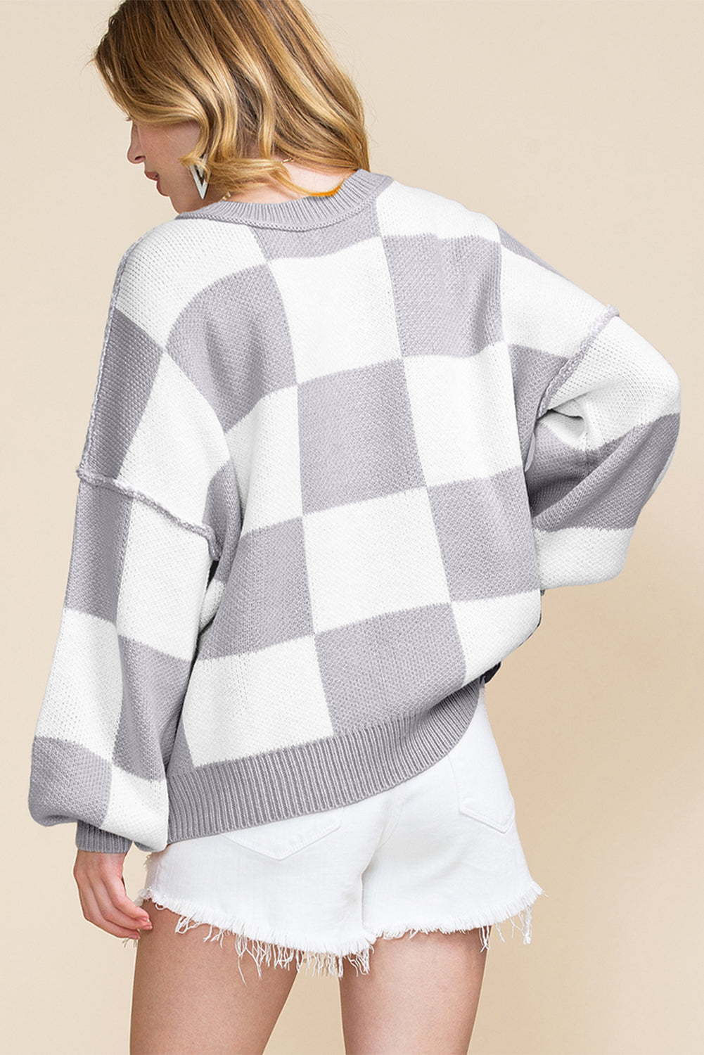 Gray Checkered Bishop Sleeve Sweater | Gray Stripe