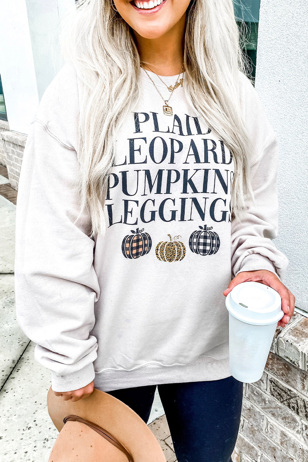 Beige Thanksgiving Pumpkin Slogan Print Crewneck Sweatshirt