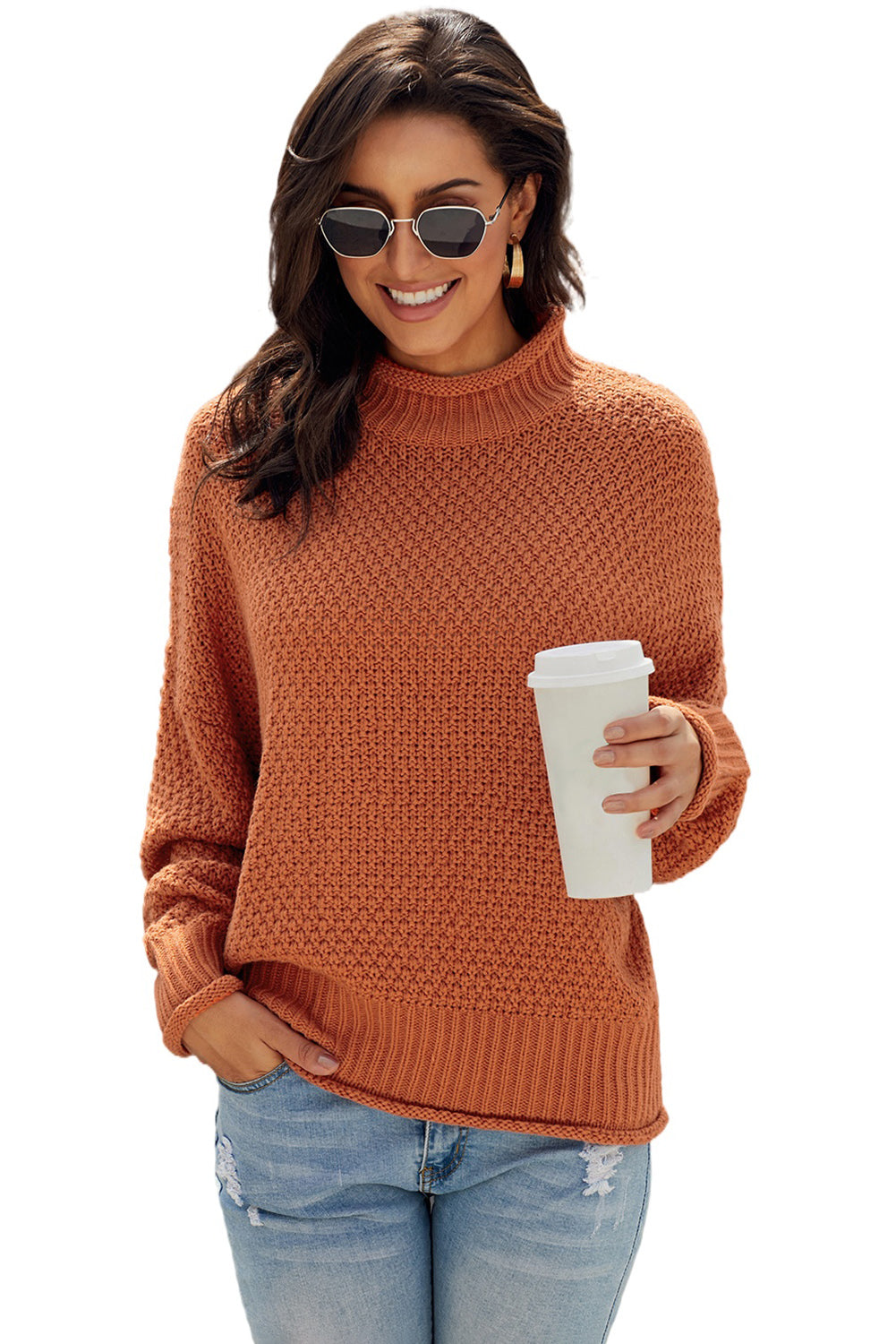 Oversized Chunky Batwing Long Sleeve Turtleneck Sweater | Orange