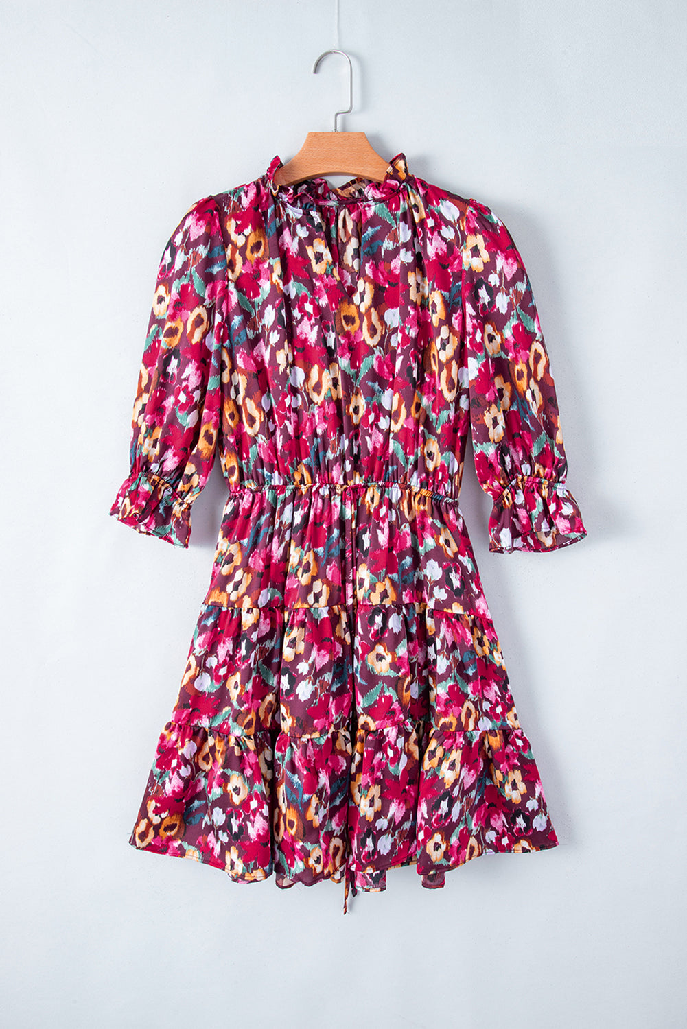 Floral Print Tiered Ruffled Half Sleeve V Neck Dress | Rose Red