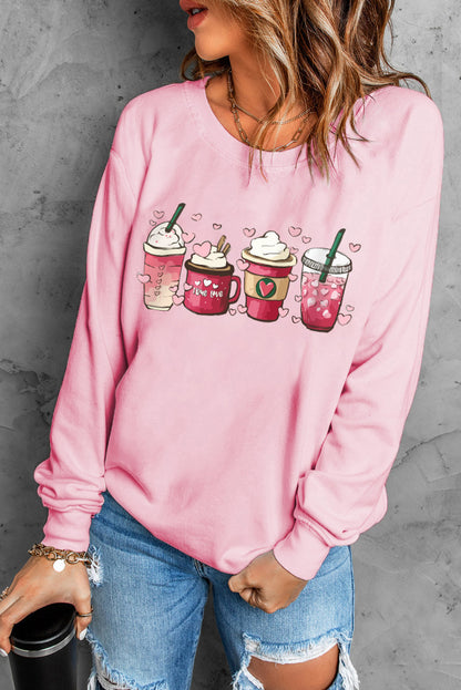 Valentines Sweet Drinking Graphic Print Sweatshirt | Pink