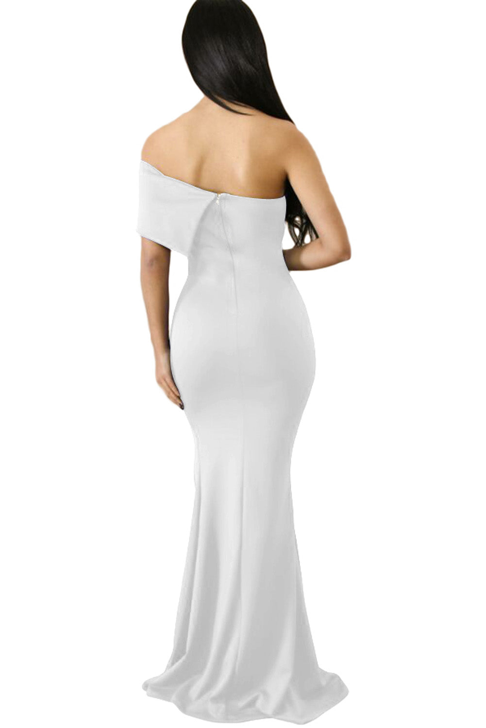 Off The Shoulder One Sleeve Slit Maxi Prom Dress | White