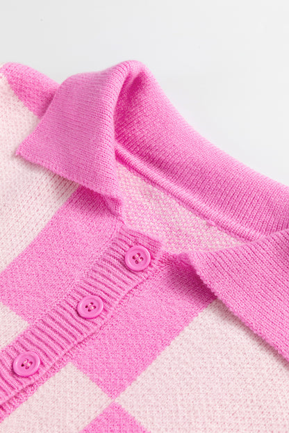 Checkerboard Half Button Collared Drop Shoulder Sweater | Pink