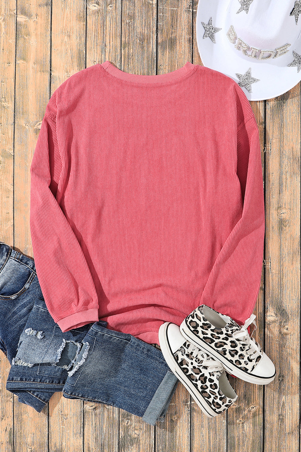 Sequin Love Graphic Drop Shoulder Corded Valentines Sweatshirt | Strawberry Pink