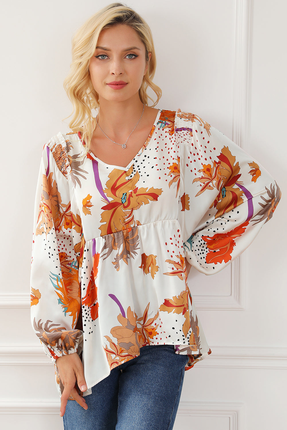 Floral Print V Neck Babydoll Blouse | Multicolour