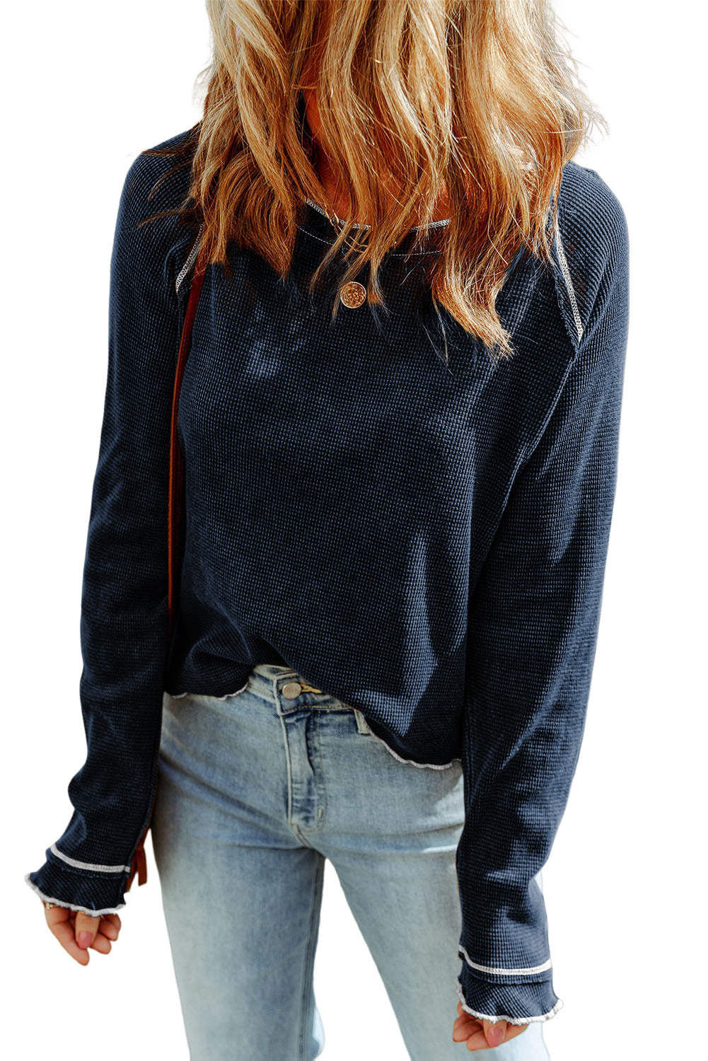 Textured Round Neck Long Sleeve Top | Blue