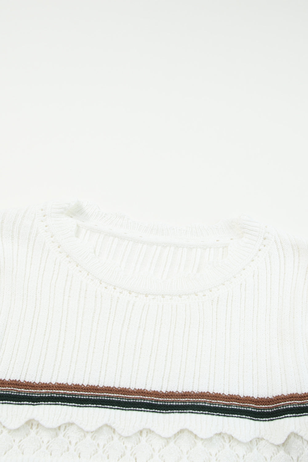 Striped Ribbed Scalloped Detail Knit Sweater | White