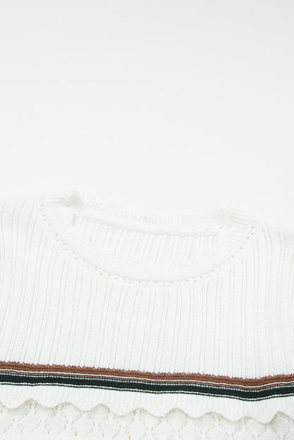 Striped Ribbed Scalloped Detail Knit Sweater | White