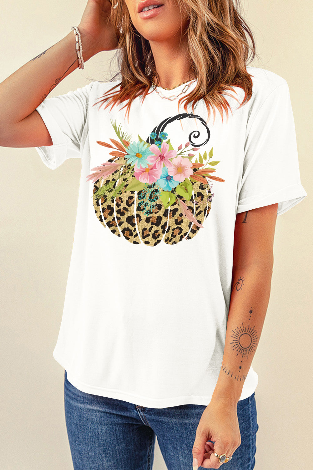 Floral Leopard Pumpkin Graphic Halloween T Shirt | White